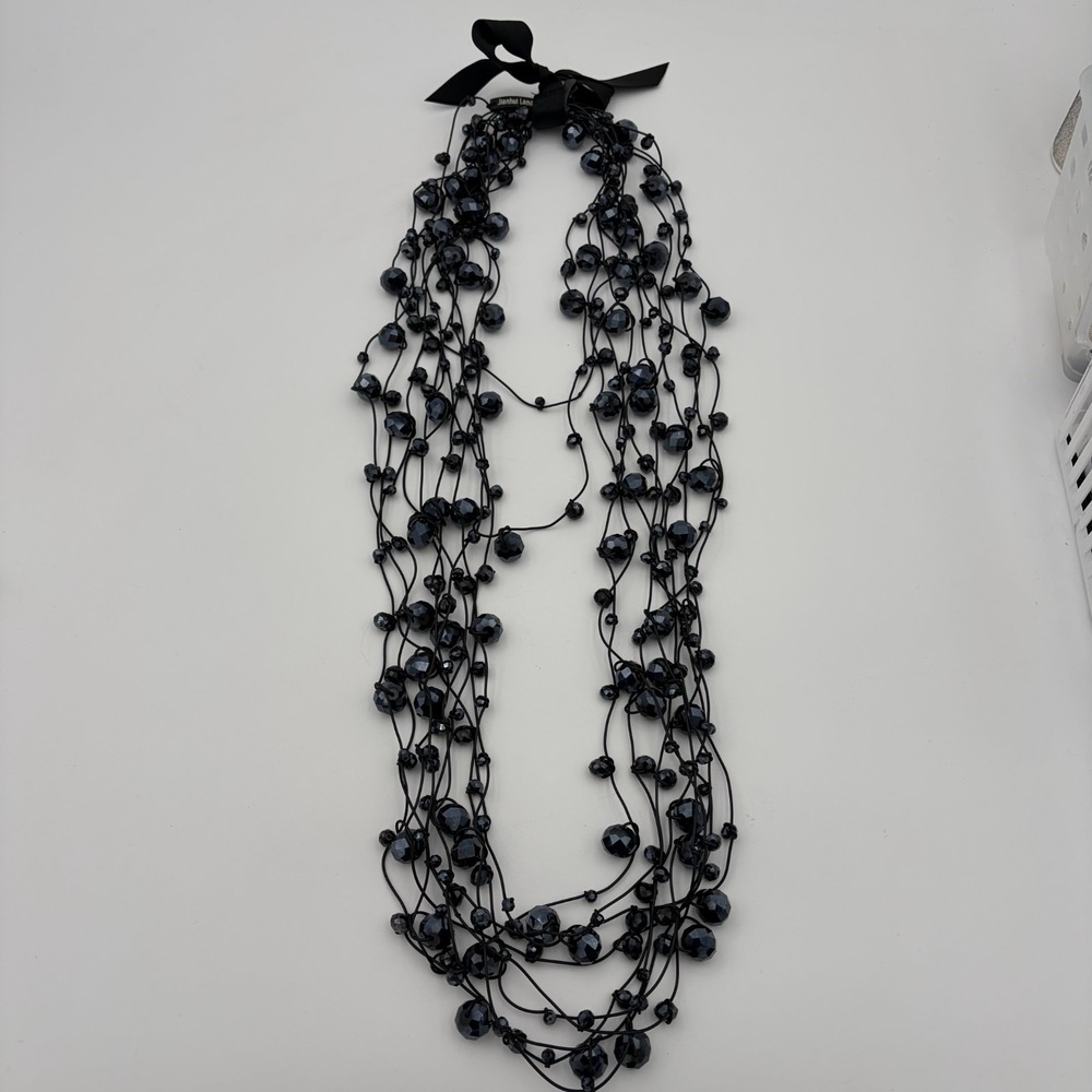 Jianhui London Necklace 10 Strand Crystal Beads Black Hand Crafted